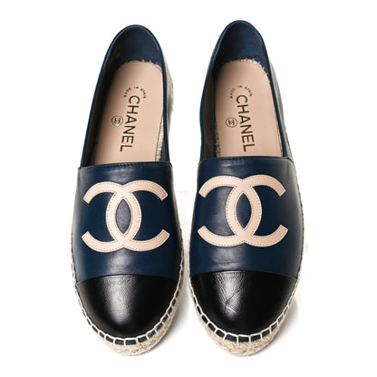 Chanel Lambskin Shiny Calfskin CC Espadrilles 39 Navy Blue Beige Black 5 of 13