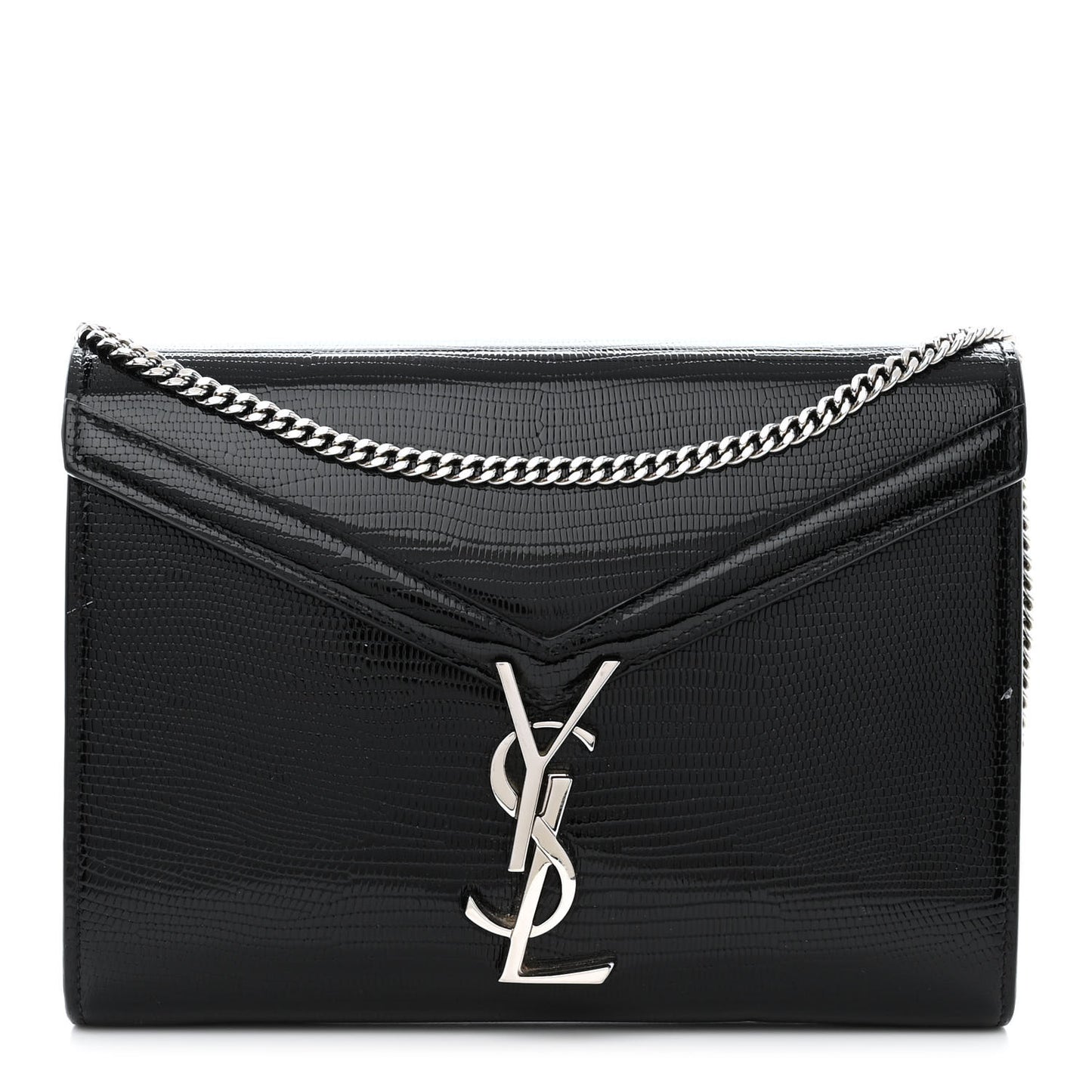 Calfskin Lizard Embossed Monogram Cassandra Chain Wallet Black