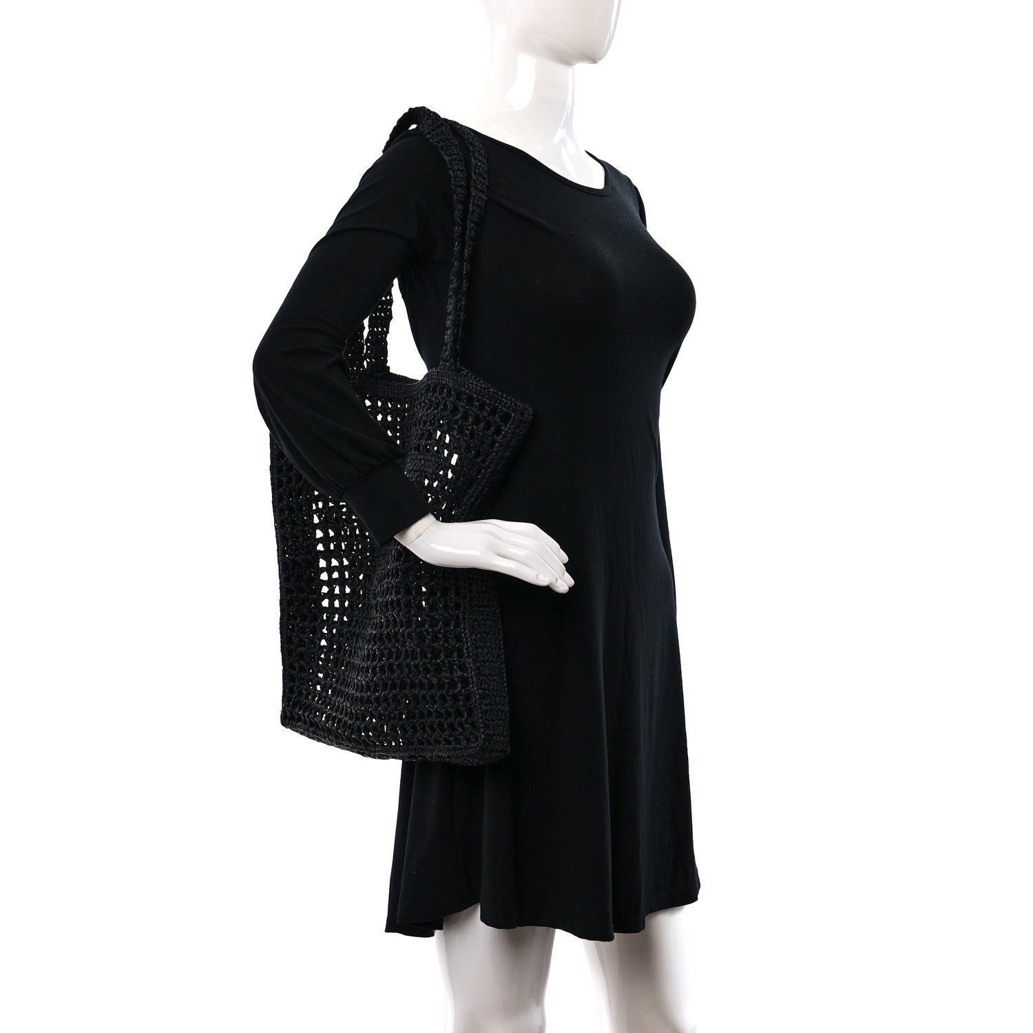 Prada Yarn Raffia Effect Crochet Logo Embroidered Tote Bag Black 2 of 10