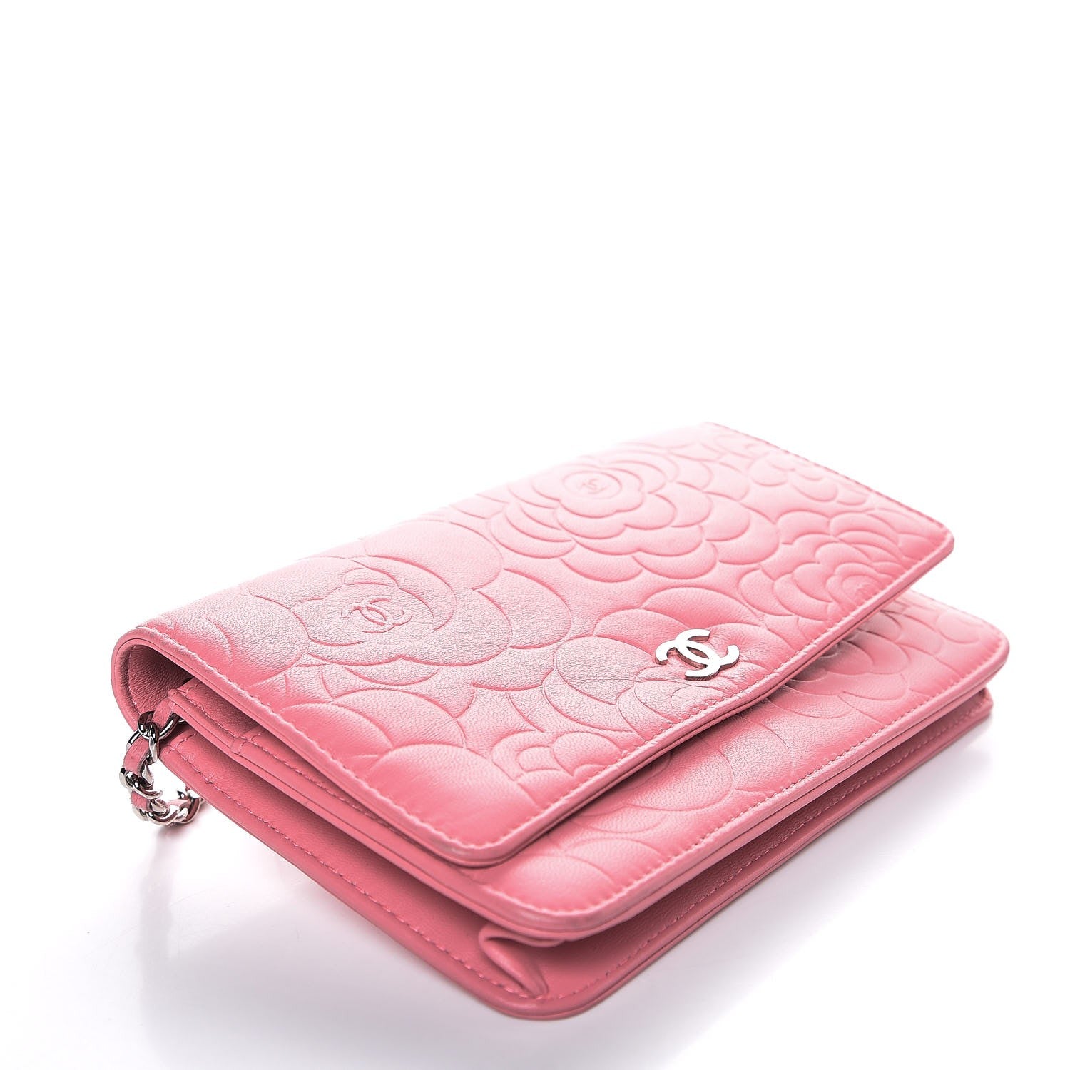 Chanel Lambskin Camellia Embossed Wallet On Chain WOC Pink 4 of 9