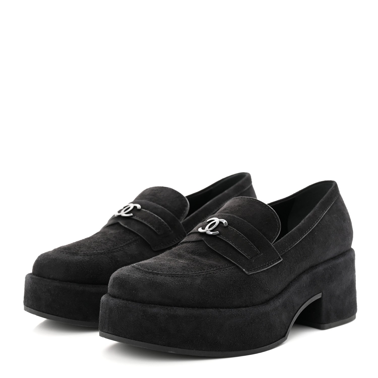 Chanel Suede Kidskin CC Platform Loafers 38.5 Black 3 of 9
