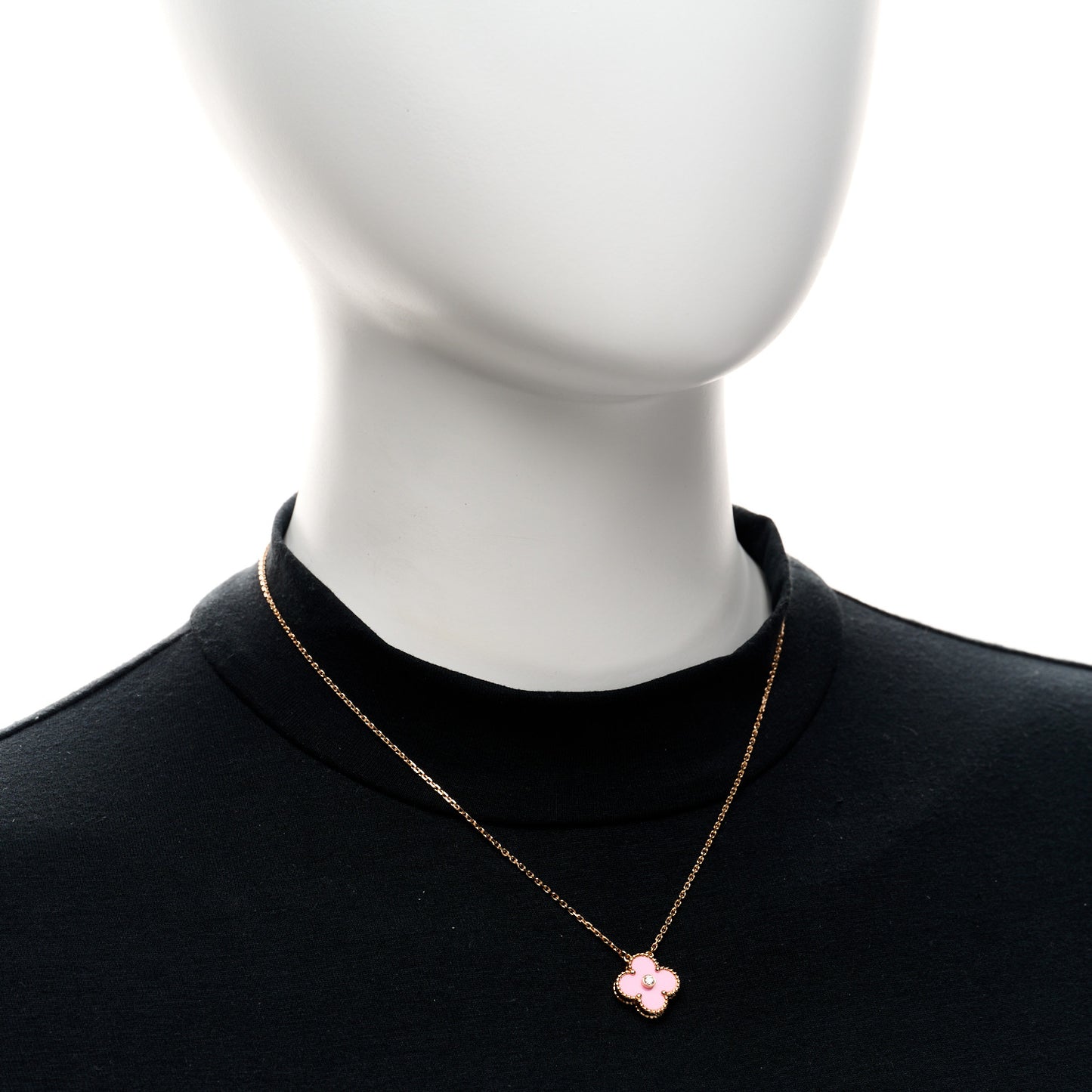 18K Rose Gold Diamond Pink Porcelain Vintage Alhambra Pendant Necklace