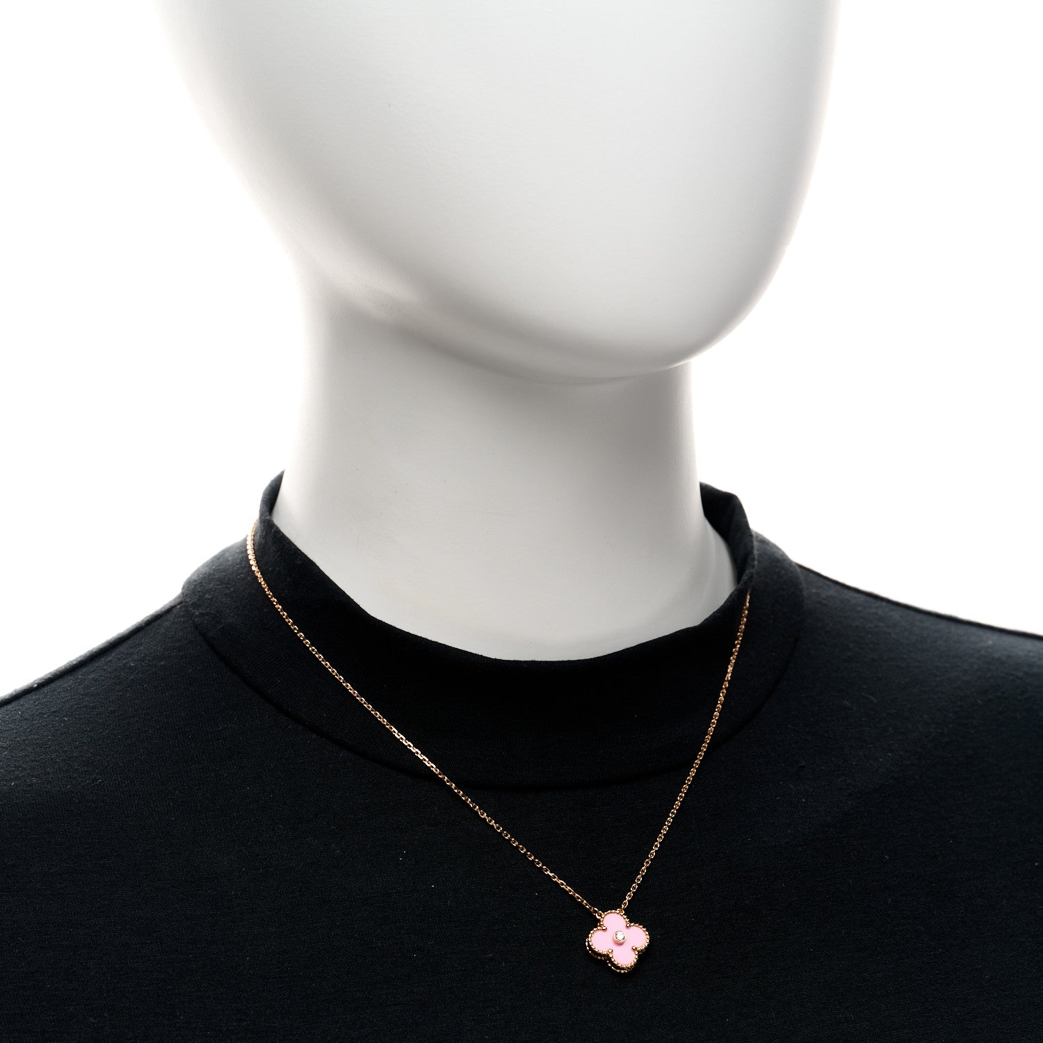 Van Cleef & Arpels 18K Rose Gold Diamond Pink Porcelain Vintage Alhambra Pendant Necklace 2 of 5