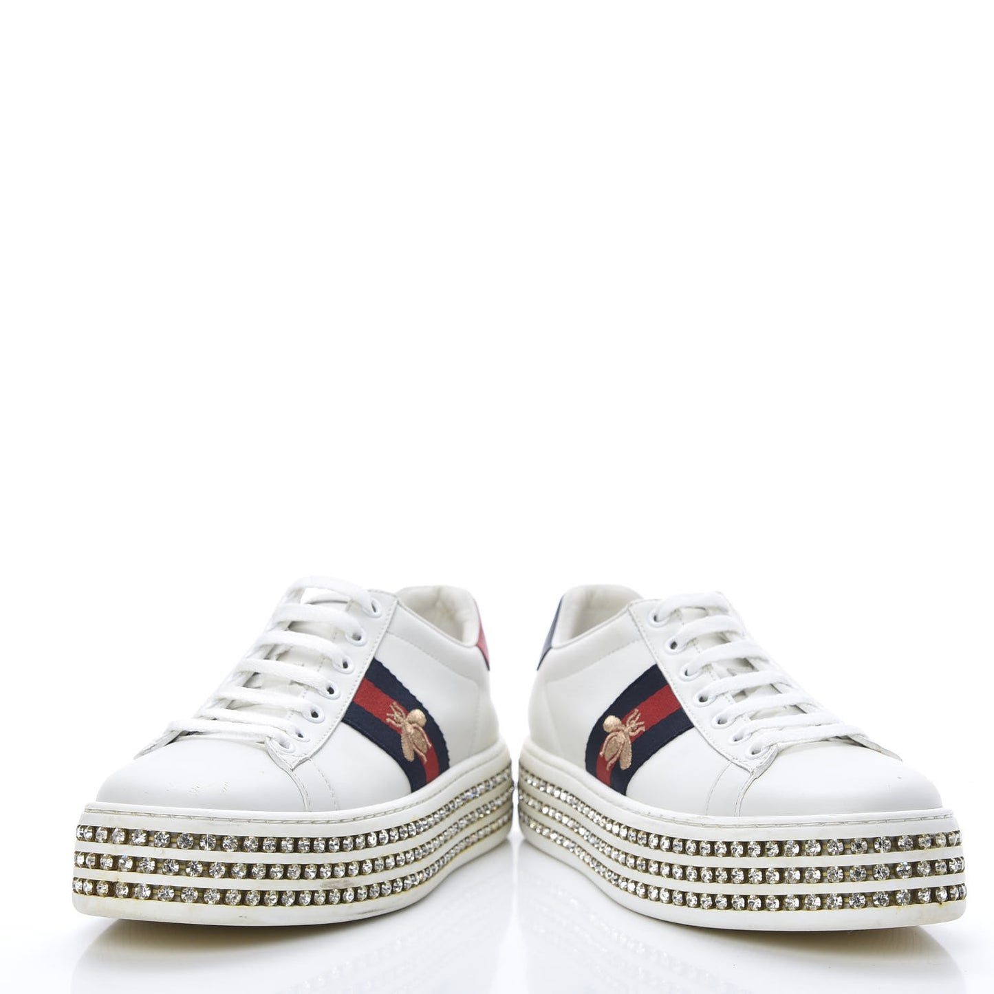 Calfskin Crystal Web Bee Embroidered Womens Ace Platform Sneakers 36 White