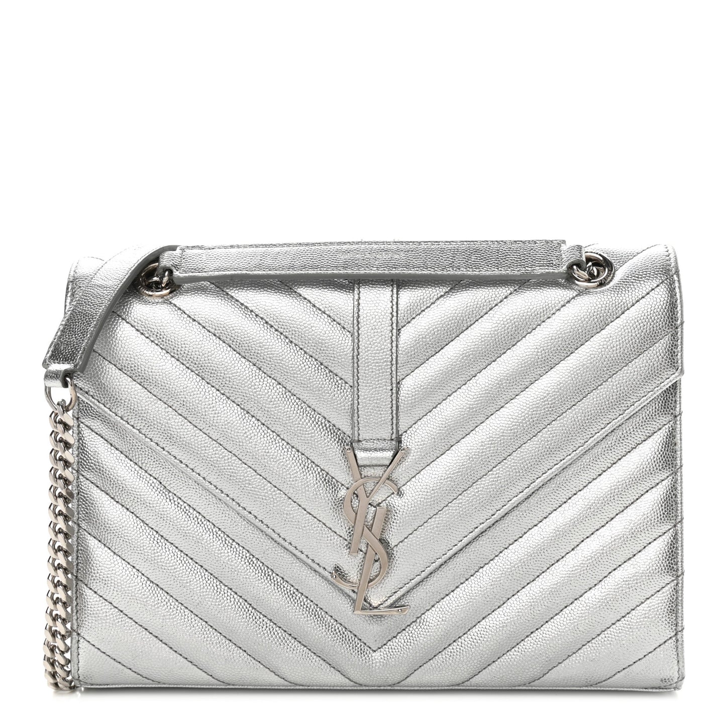 Metallic Grain De Poudre Matelasse Chevron Medium Monogram Satchel Silver