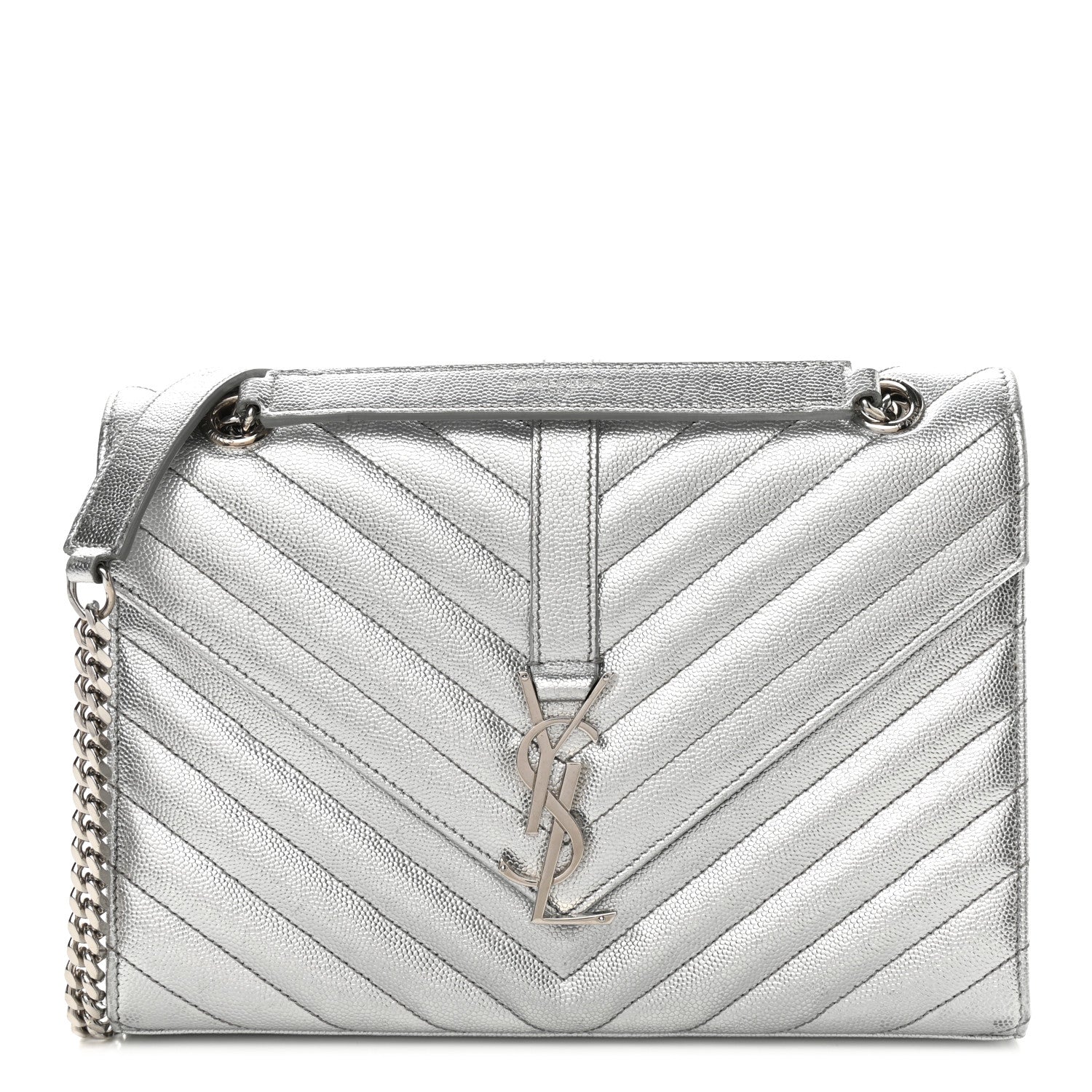 Saint Laurent Metallic Grain De Poudre Matelasse Chevron Medium Monogram Satchel Silver 1 of 10