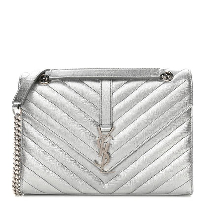 Saint Laurent Metallic Grain De Poudre Matelasse Chevron Medium Monogram Satchel Silver 1 of 10