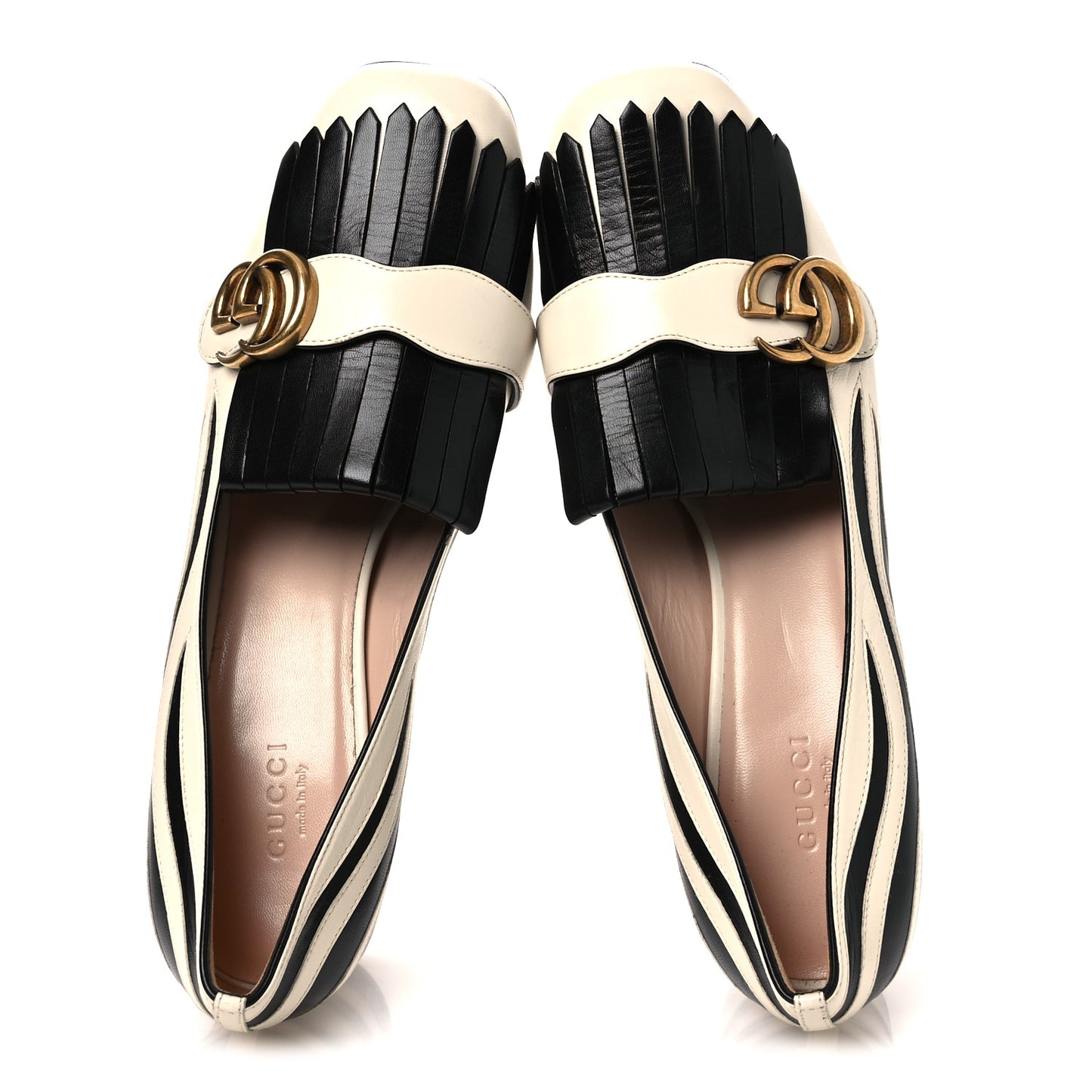 Malaga Kid Zebra Inlay GG Marmont Fringe Loafer 50mm Pumps 39.5 Mystic White Black