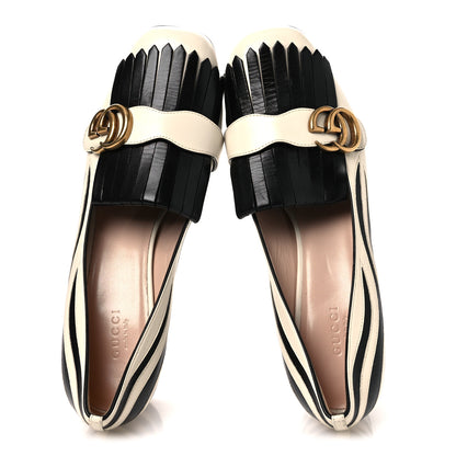Gucci Malaga Kid Zebra Inlay GG Marmont Fringe Loafer 50mm Pumps 39.5 Mystic White Black 2 of 13