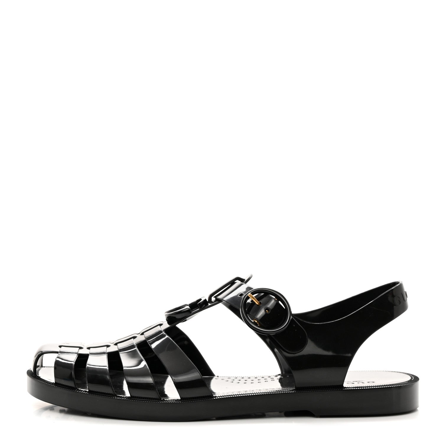 Gucci Shiny Rubber Womens Double G Buckle Strap Sandals 39 Black 1 of 8