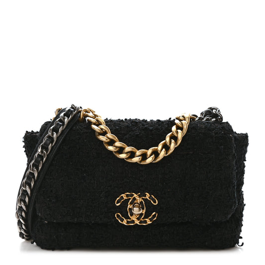 Tweed Quilted Medium Chanel 19 Flap Black
