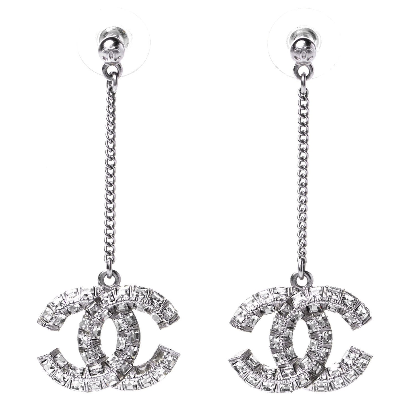 Baguette Crystal CC Drop Earrings Silver