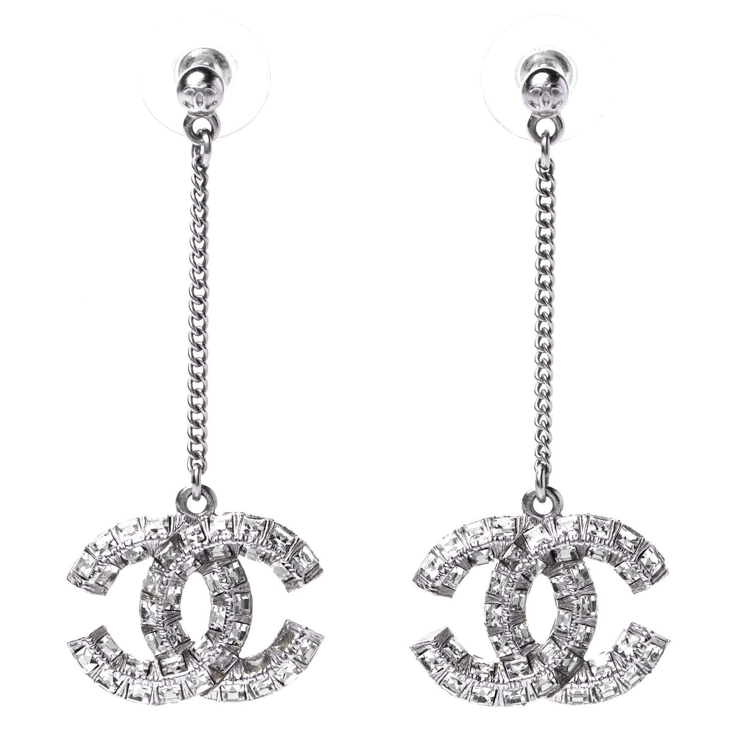 Chanel Baguette Crystal CC Drop Earrings Silver 1 of 3