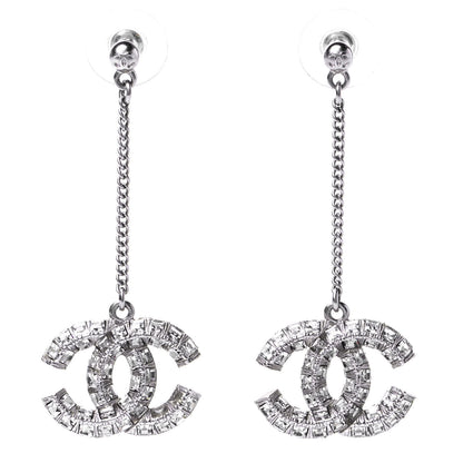 Chanel Baguette Crystal CC Drop Earrings Silver 1 of 3