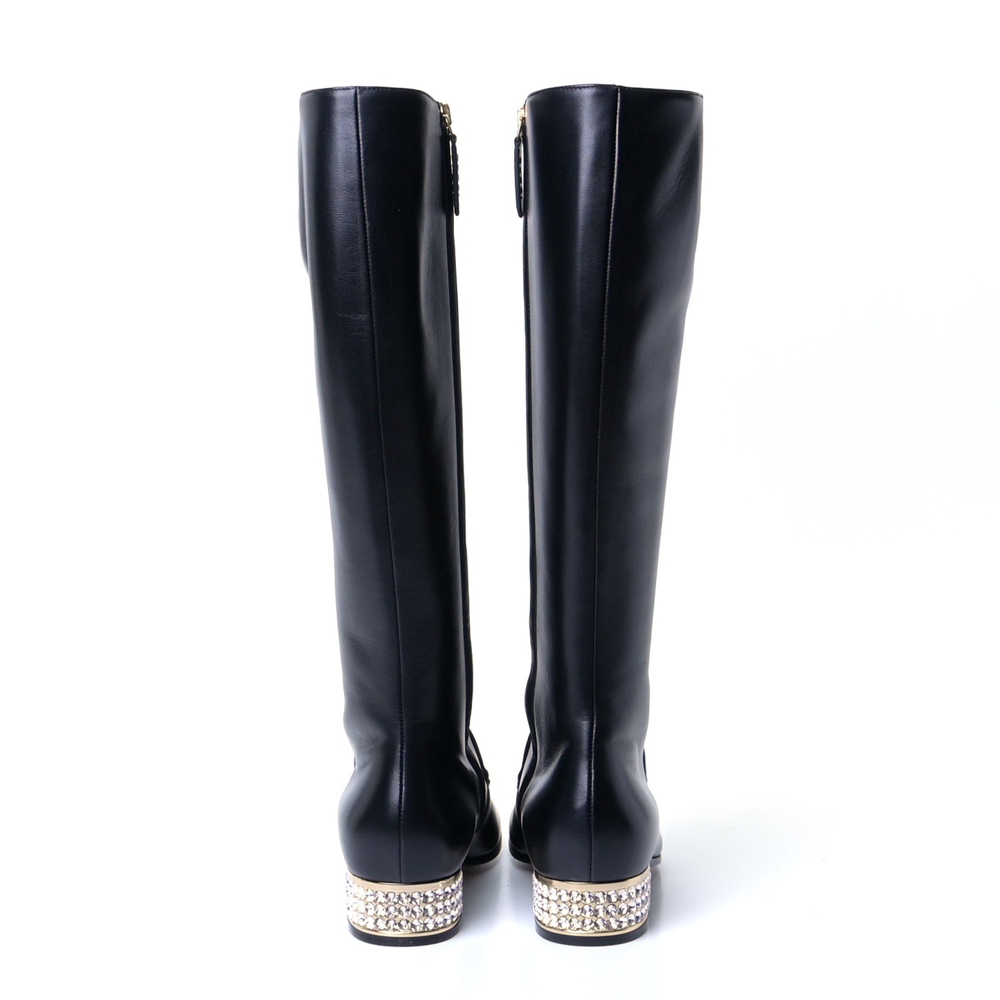 Calfskin Knee High Horsebit Crystal Heel Boots 35.5 Black