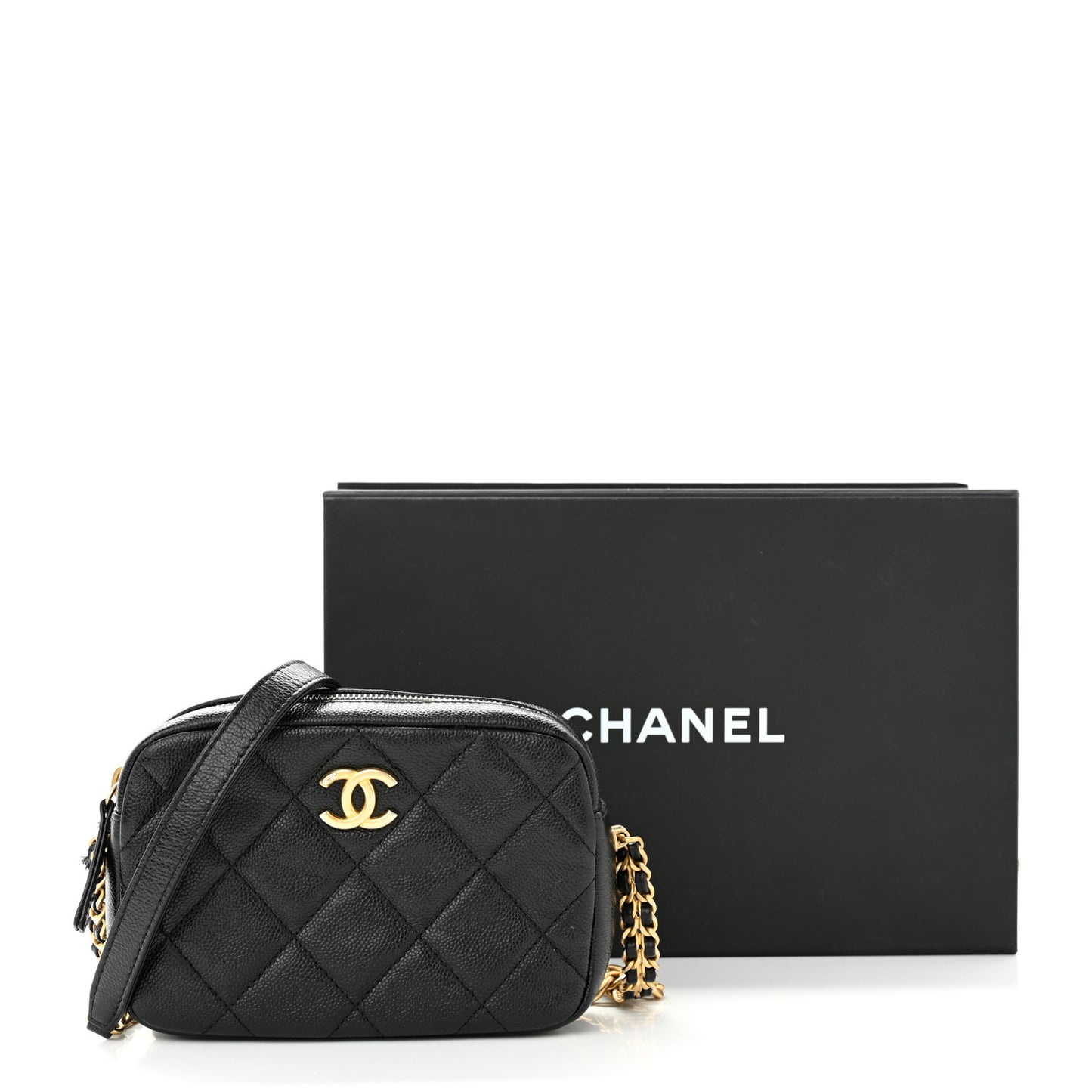 Shiny Caviar Quilted Chain Melody Camera Bag Black