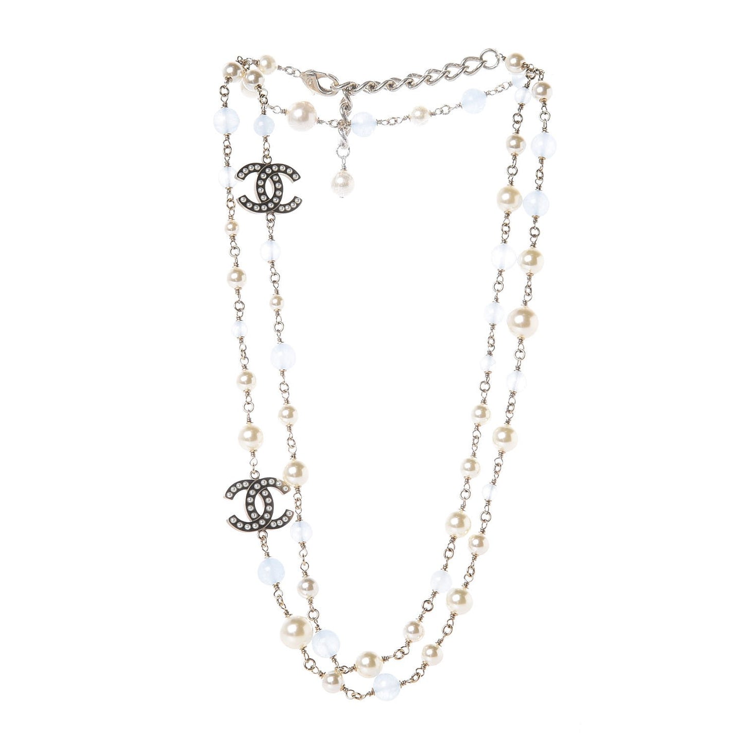 Pearl Bead CC Long Necklace Blue Gold
