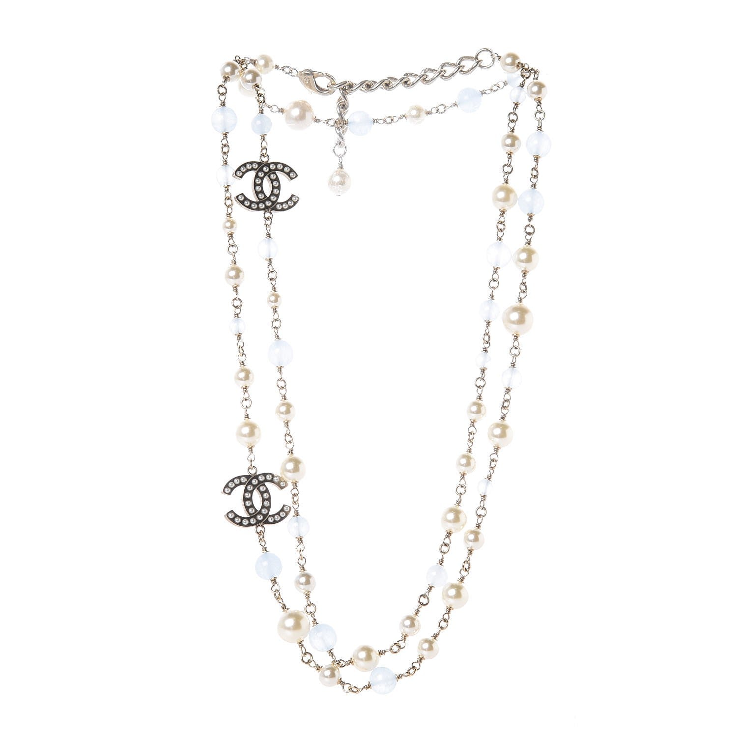 Chanel Pearl Bead CC Long Necklace Blue Gold 3 of 5