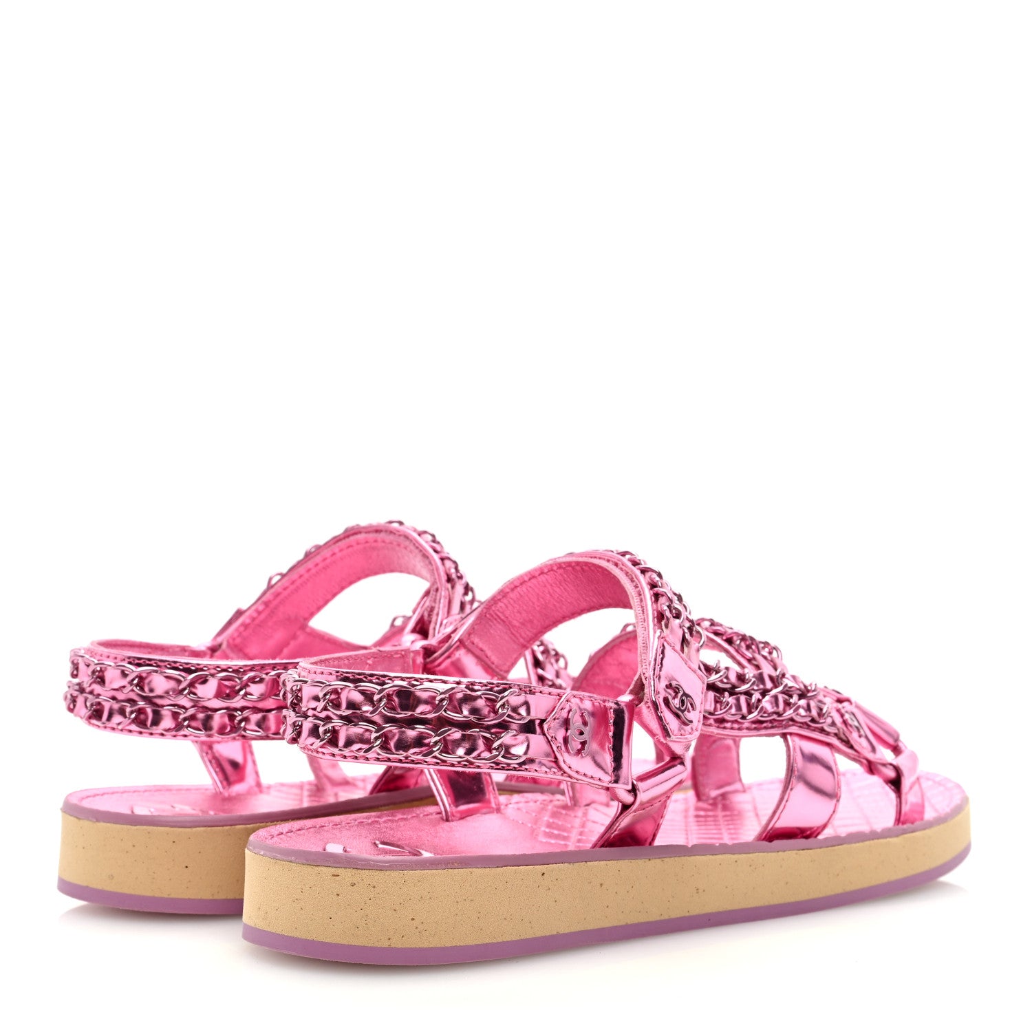 Chanel Metallic Laminated Goastkin Chain Flat Sandals 38.5 Pink 4 of 8