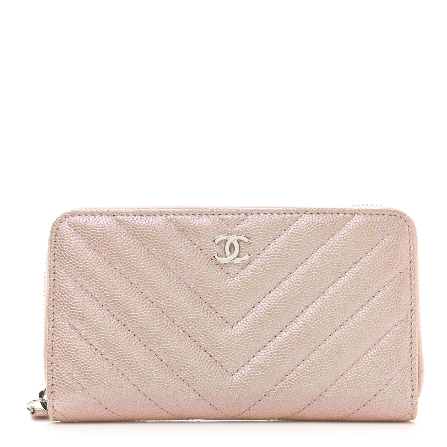 Iridescent Caviar Chevron Quilted Medium Zip Around Wallet Light Gold