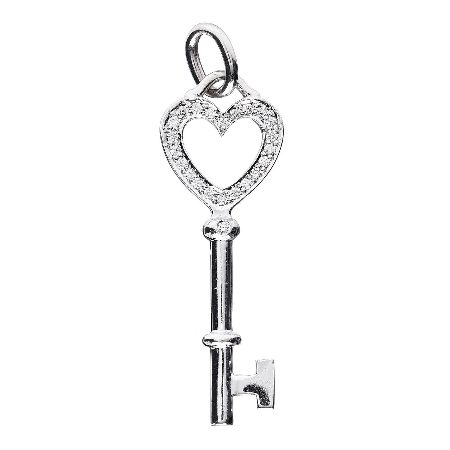 18K White Gold Diamond Mini Heart Key Charm Pendant