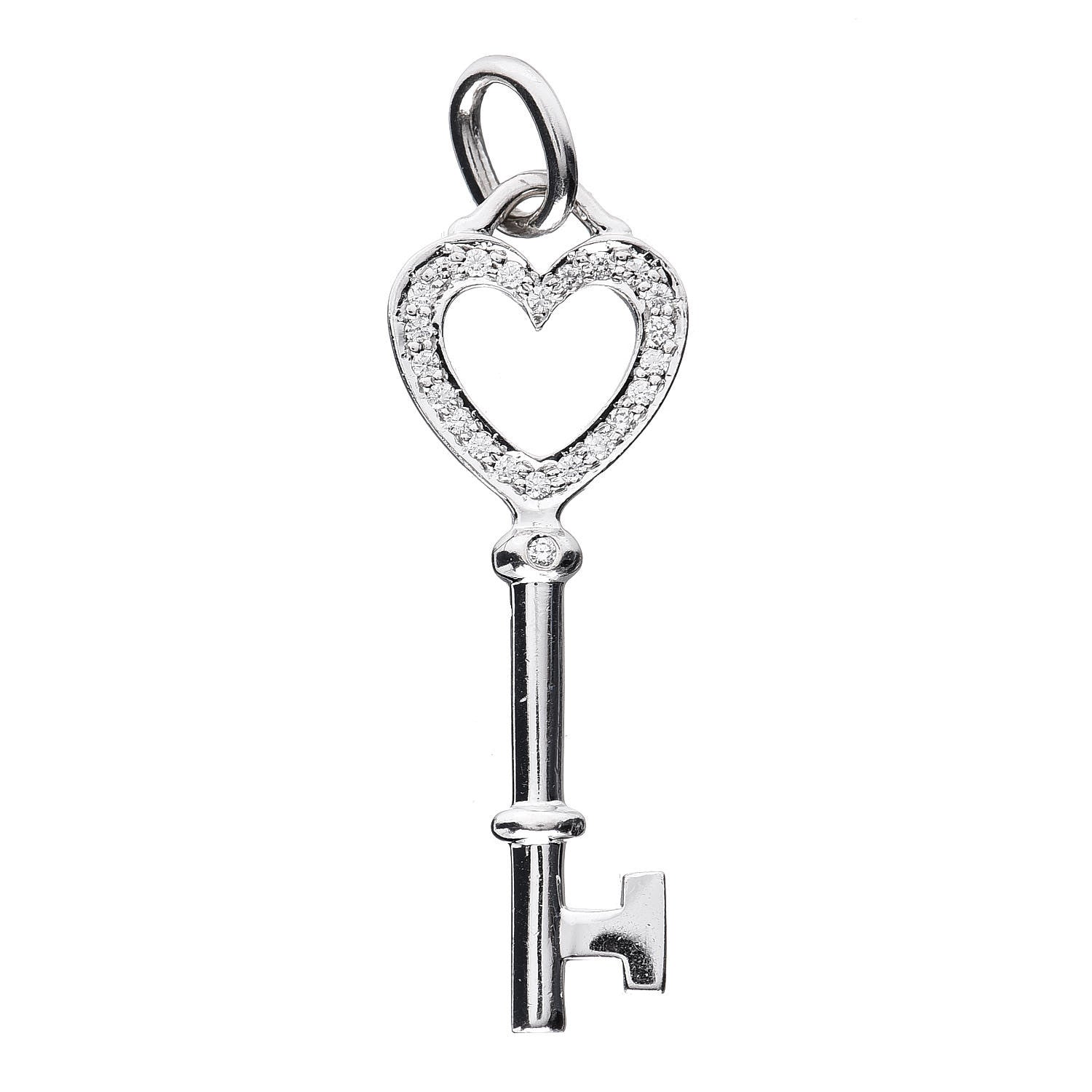 Tiffany 18K White Gold Diamond Mini Heart Key Charm Pendant 1 of 3