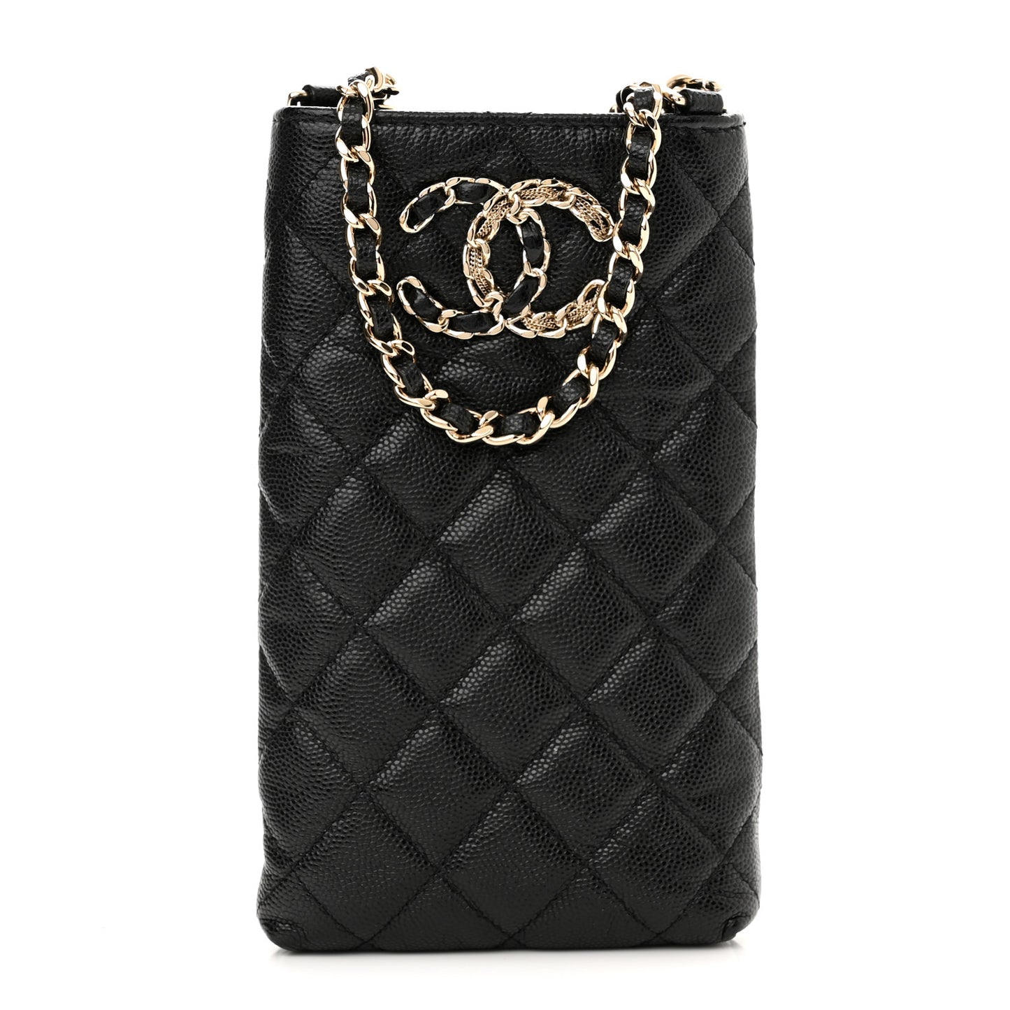 Caviar Quilted French New Wave Phone Holder With Chain Black