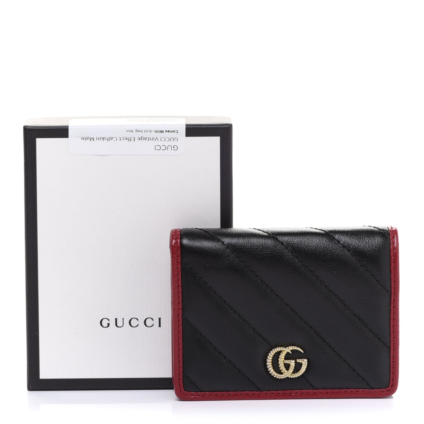 Vintage Effect Calfskin Matelasse Diagonal Torchon GG Marmont Card Case Wallet Black Romantic Cherry