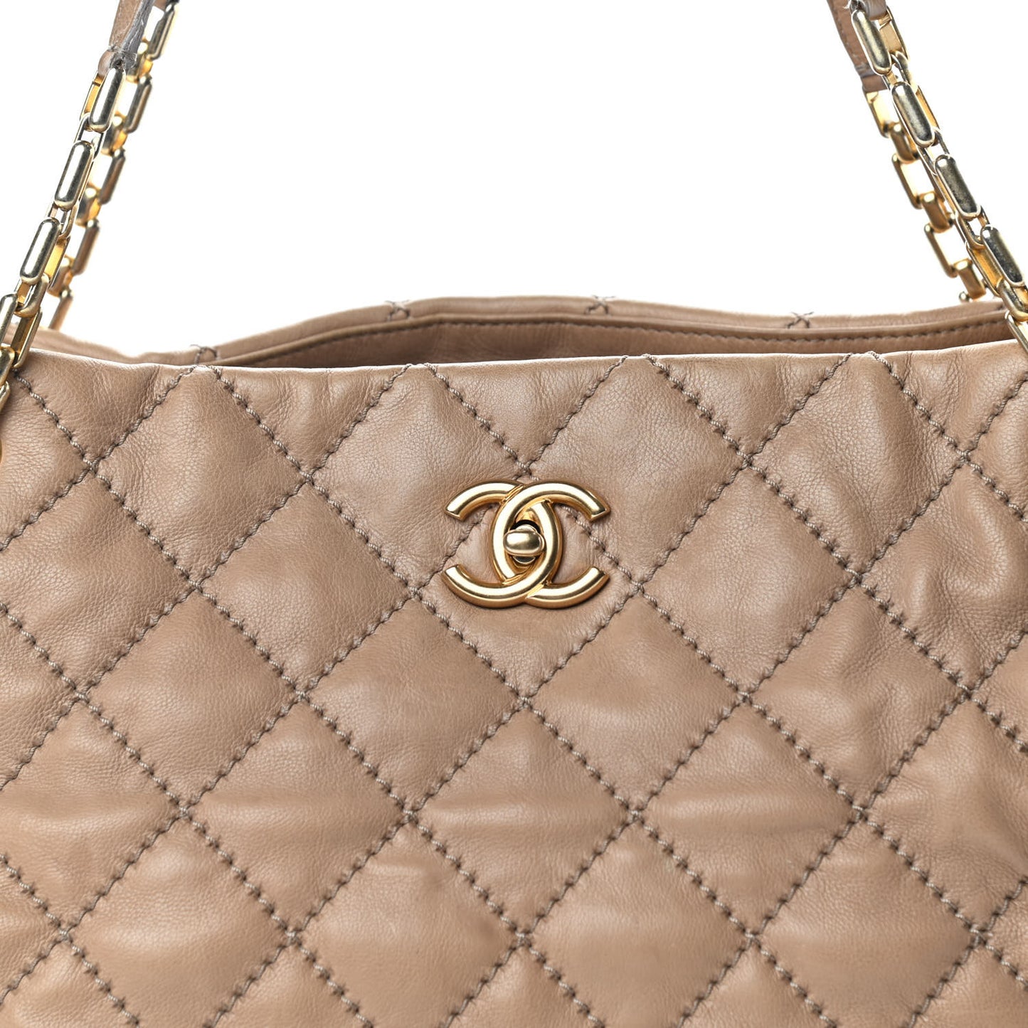 Calfskin Quilted Large Retro Chain Tote Beige