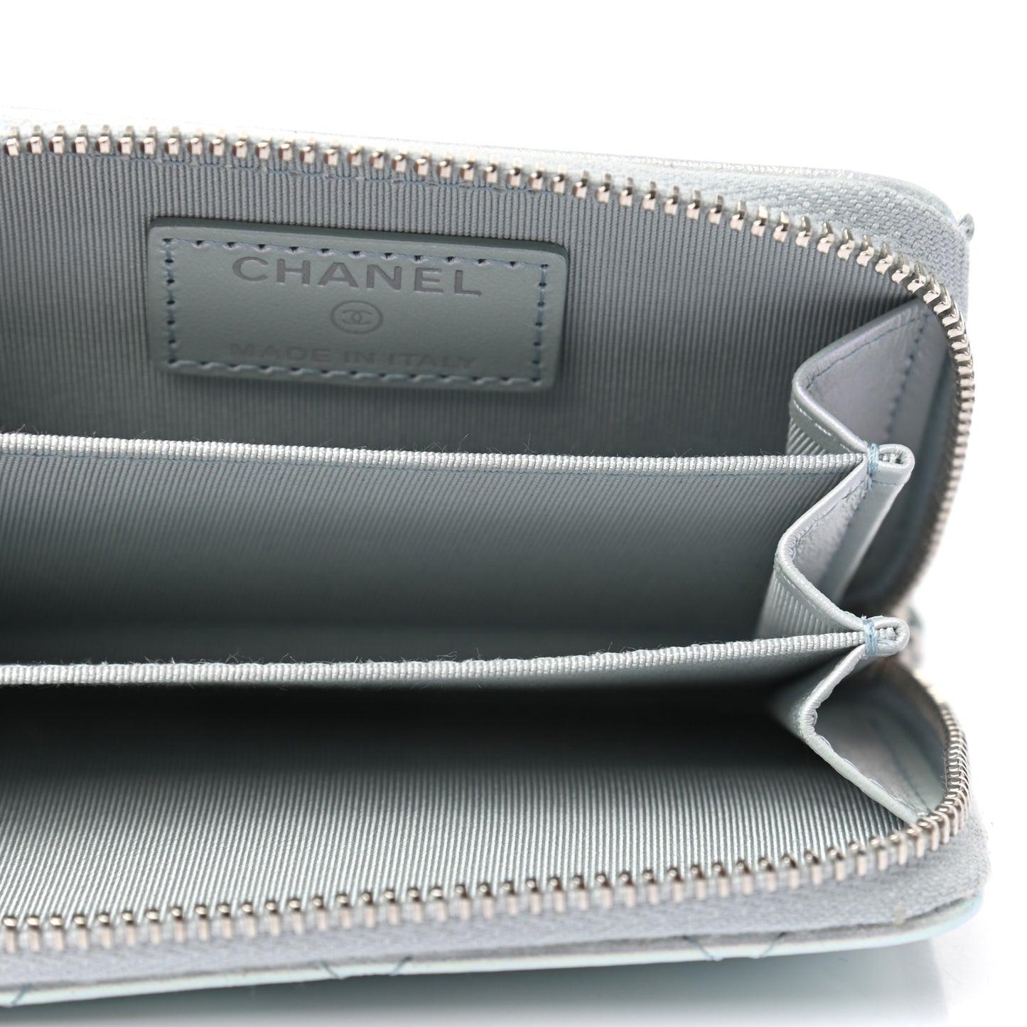 Iridescent Calfskin Quilted Zip Coin Purse Wallet Light Blue