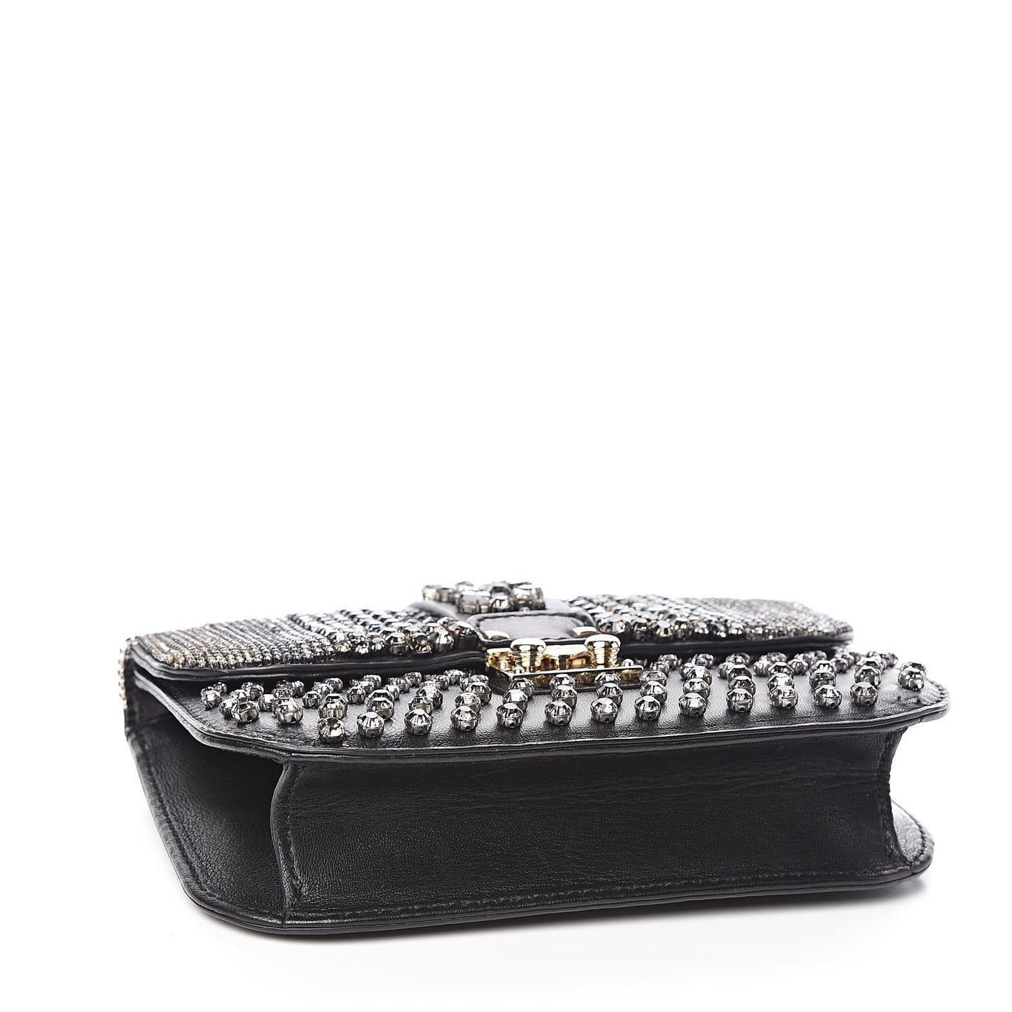 Vitello Crystal Embellished Small Glam Lock Rockstud Flap Black