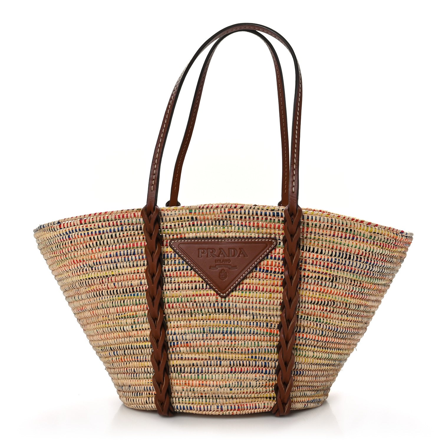 Prada Paglia Vitello Woven Braided Basket Tote Multicolor Cognac 1 of 8