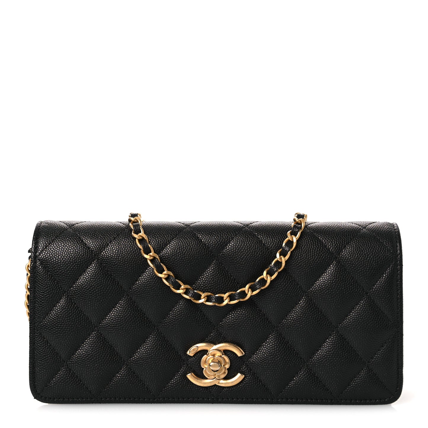 Caviar Quilted Camellia Clutch With Chain Black