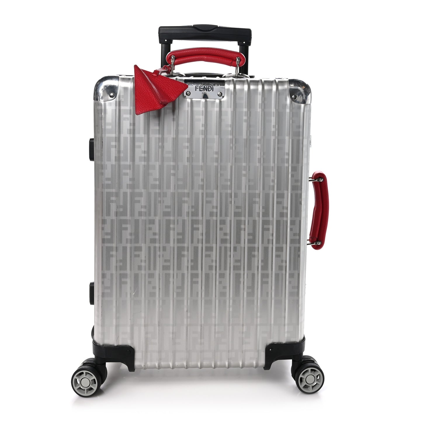 X RIMOWA Aluminum FF Print Roll Away Carry On Luggage Silver Red