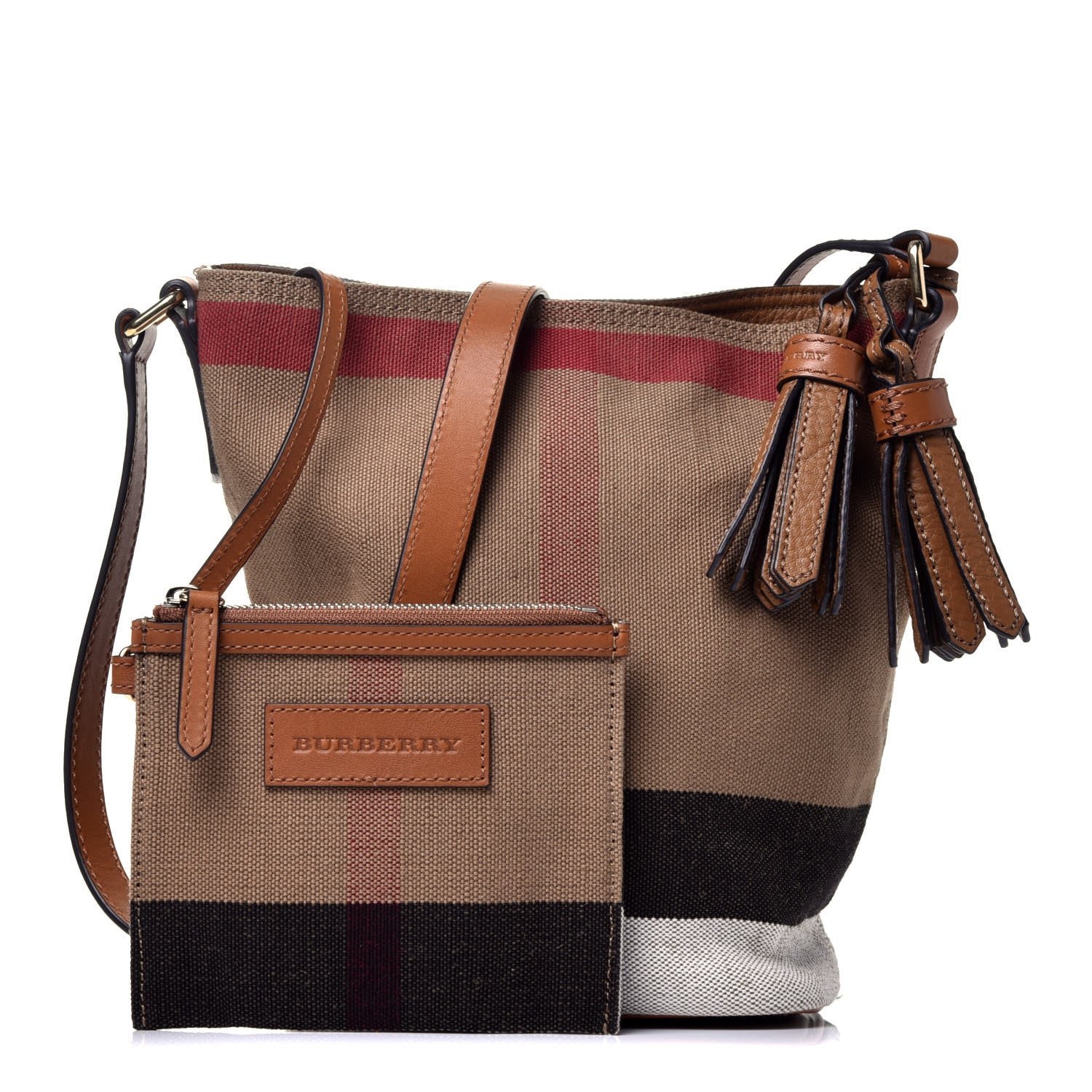 Burberry Canvas Mega Check Mini Ashby Tassel Crossbody Saddle Brown 1 of 8