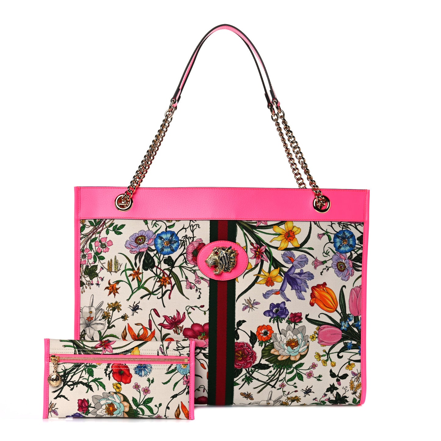 Canvas Flora Large Rajah Chain Tote White Multicolor Fuxia Fluo