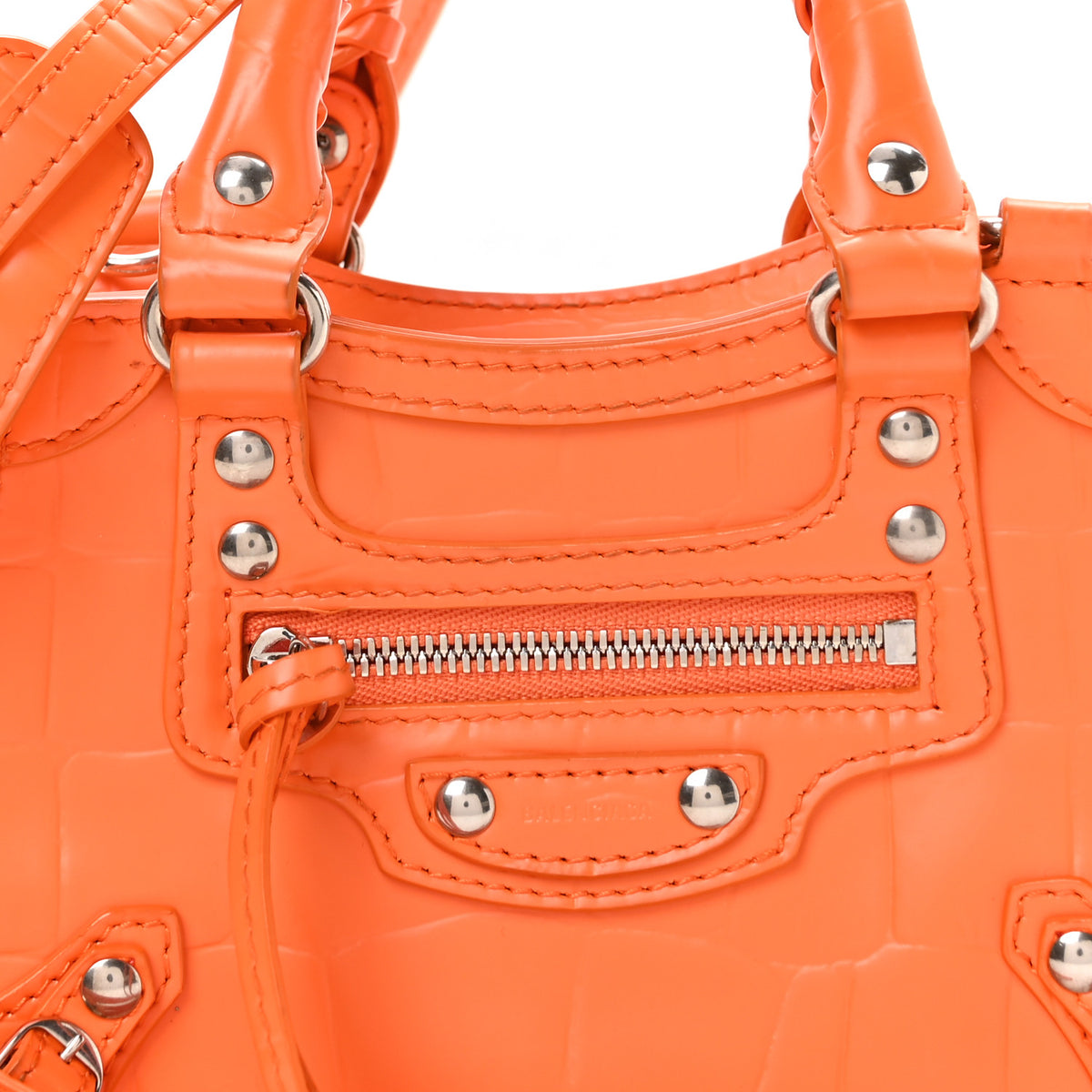 Balenciaga Semi Shiny Calfskin Crocodile Embossed Neo Classic Silver Hardware Nano City Crossbody Orange 8 of 10