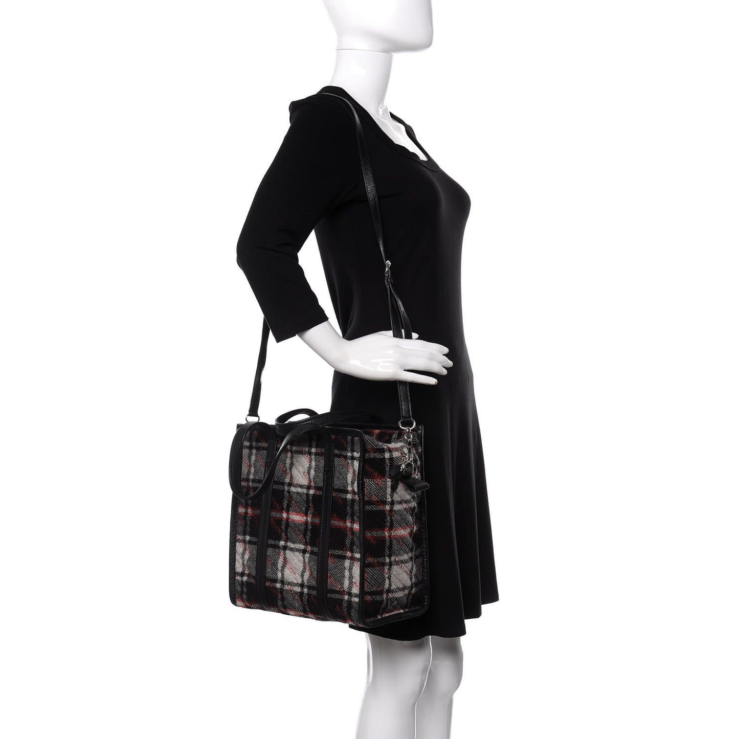 Wool Cuir Arena Plaid Diagonal Allover Logo Matelasse S Bazar Shopper Tote Black White Red