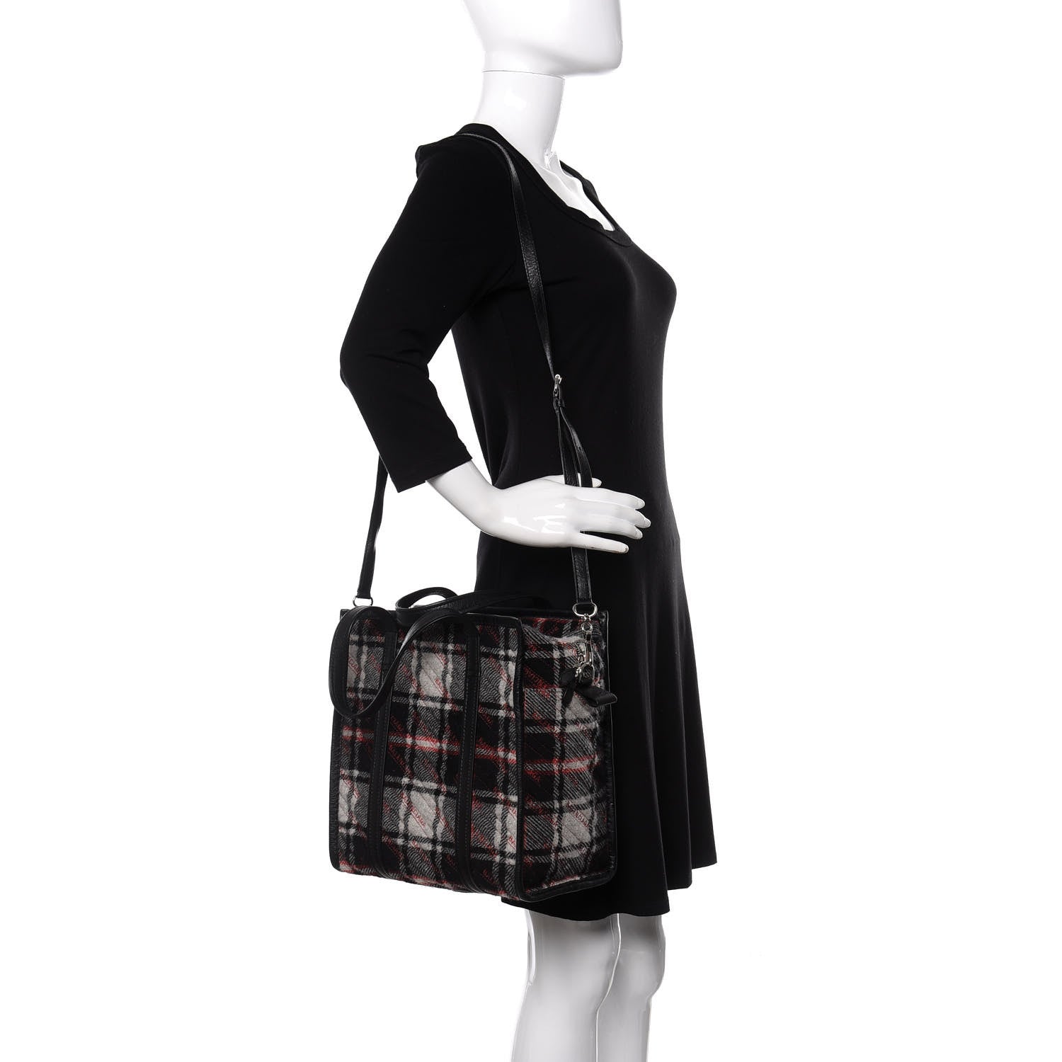 Balenciaga Wool Cuir Arena Plaid Diagonal Allover Logo Matelasse S Bazar Shopper Tote Black White Red 2 of 9