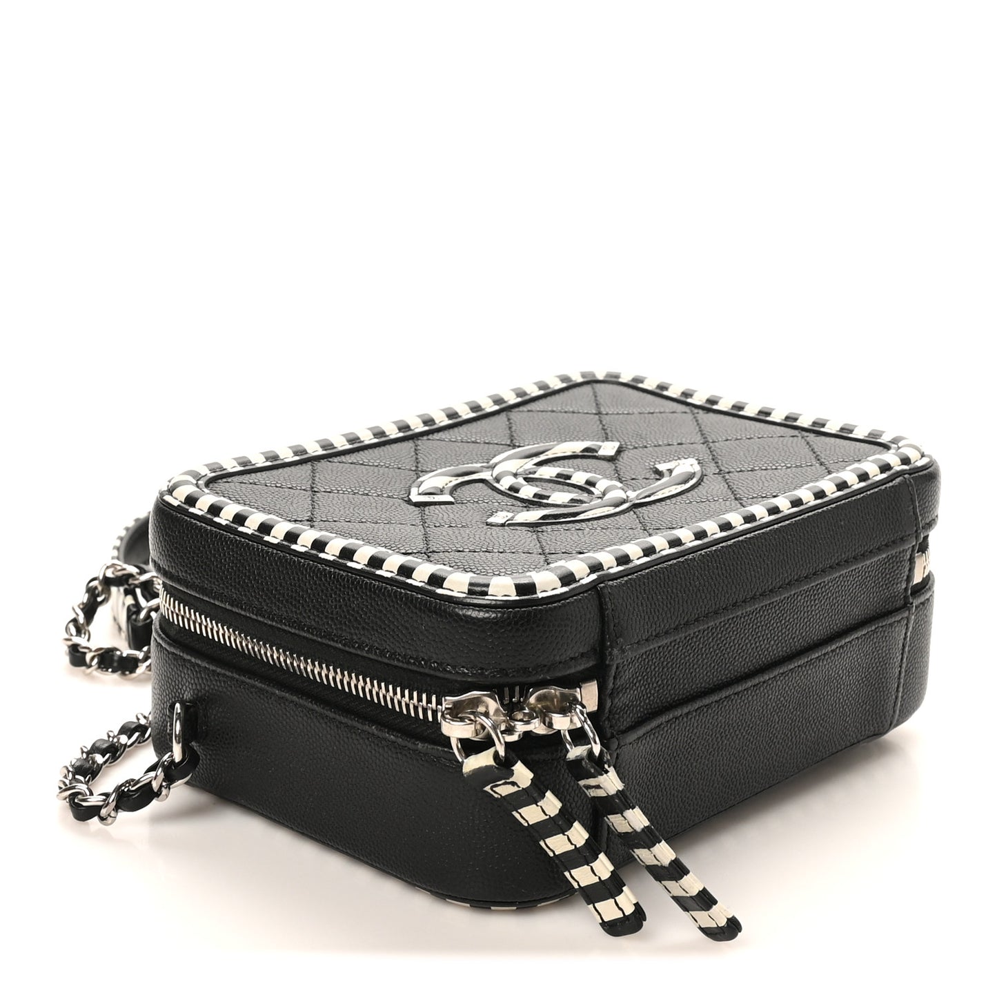 Caviar Quilted Striped Small CC Filigree Vanity Case Black White