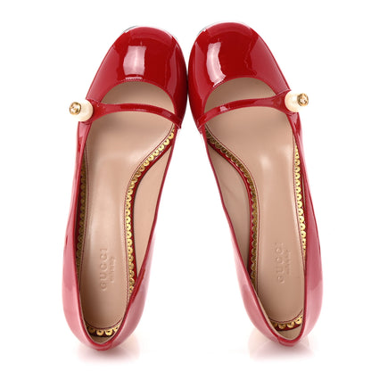 Gucci Vernice Crystal Pearl Embellished Mary Jane Pumps 37.5 Hibiscus Red 2 of 9
