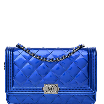 Chanel Metallic Patent Calfskin Quilted Boy Wallet on Chain WOC Blue 9 of 15