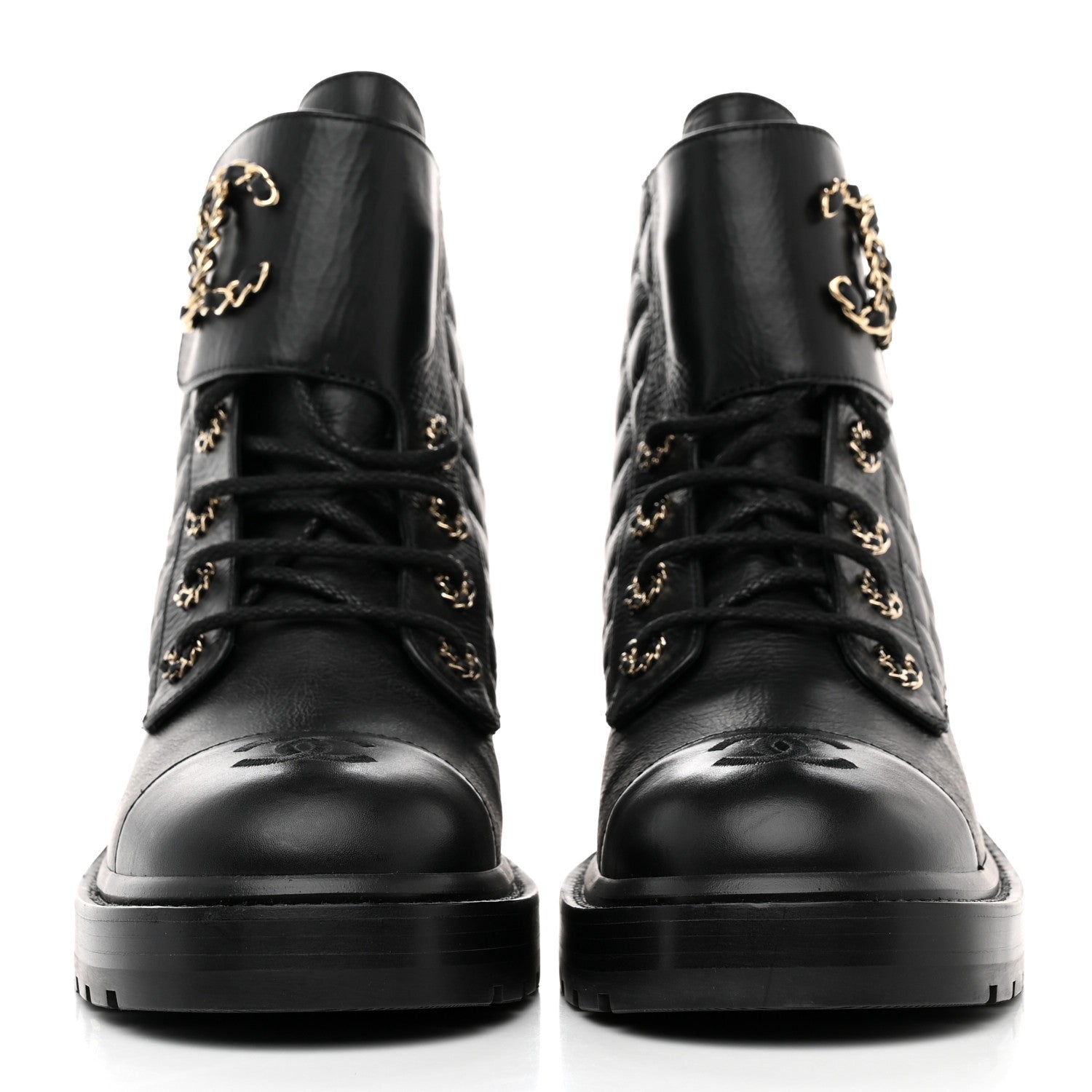 Chanel Shiny Goatskin Calfskin Quilted Lace Up Combat Boots 39 Black 2 of 9