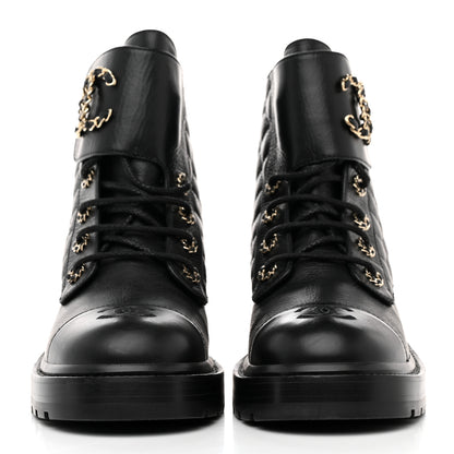 Chanel Shiny Goatskin Calfskin Quilted Lace Up Combat Boots 39 Black 2 of 9