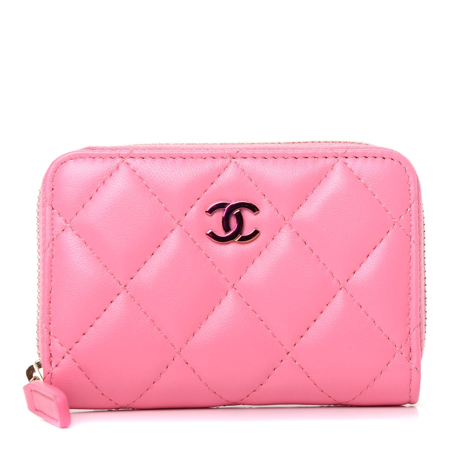 Lambskin Quilted Zip Around Coin Purse Wallet Pink Yellow