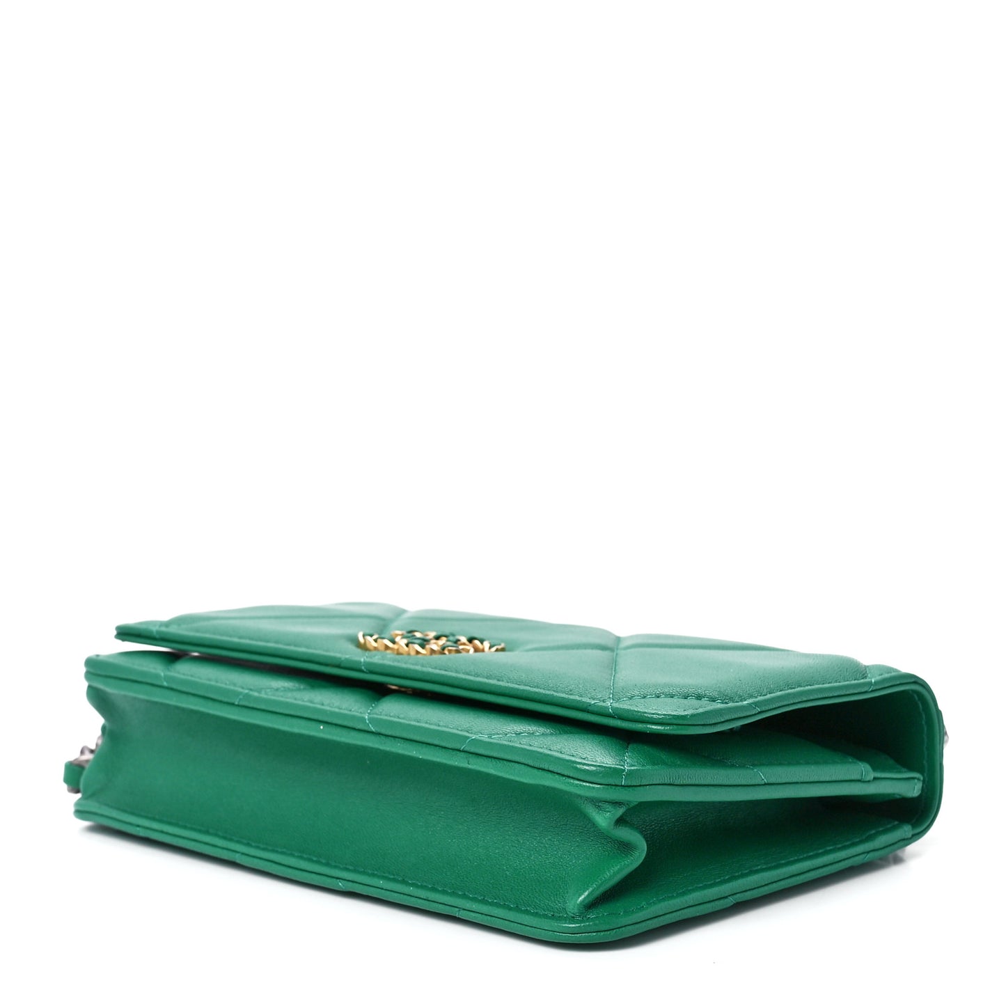 Shiny Lambskin Quilted Chanel 19 Wallet On Chain WOC Green