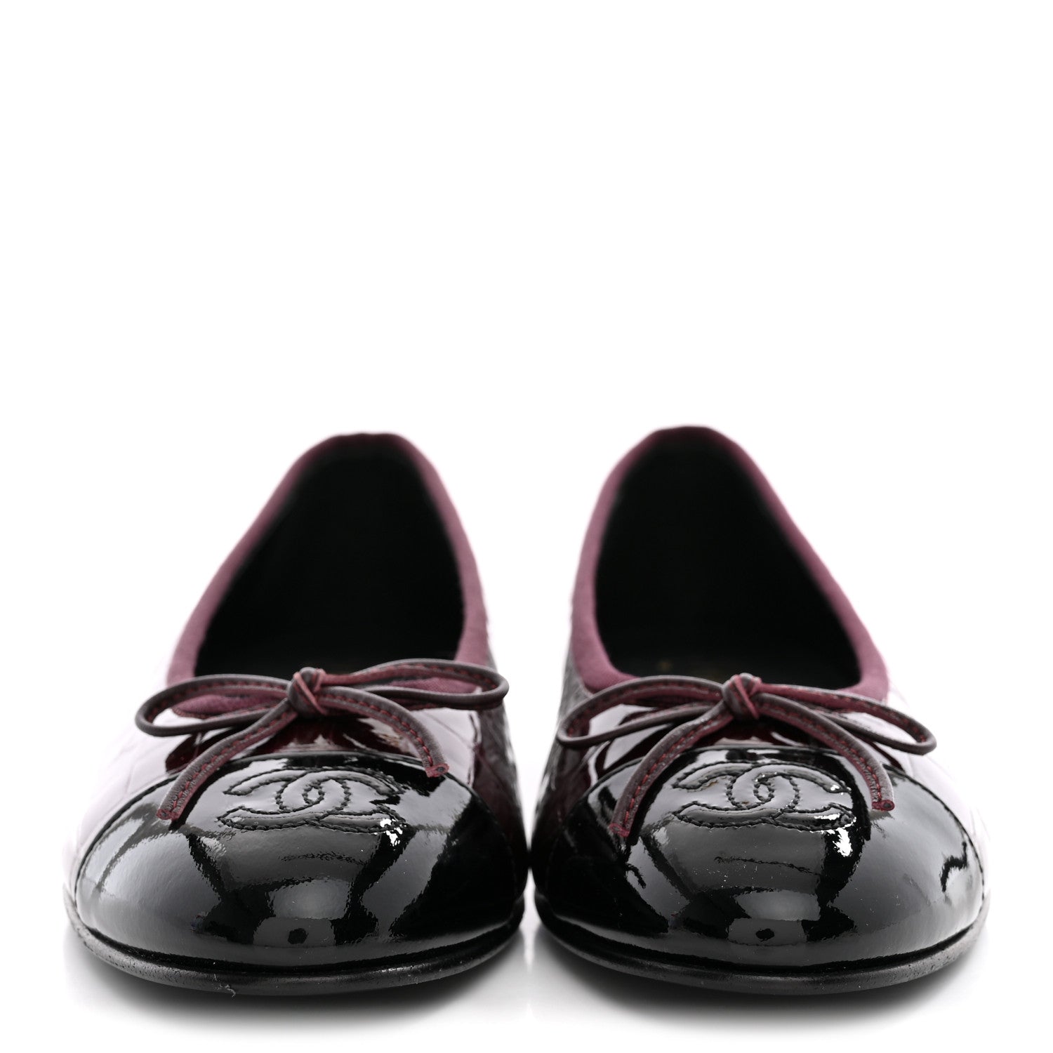 Chanel Patent Calfskin Crocodile Embossed Cap Toe CC Ballerina Flats 37.5 Dark Burgundy Black 3 of 10