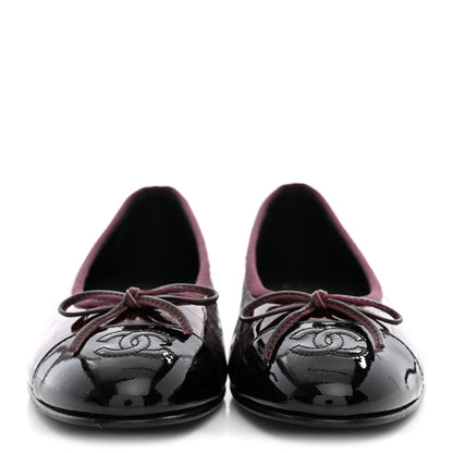 Chanel Patent Calfskin Crocodile Embossed Cap Toe CC Ballerina Flats 37.5 Dark Burgundy Black 3 of 10