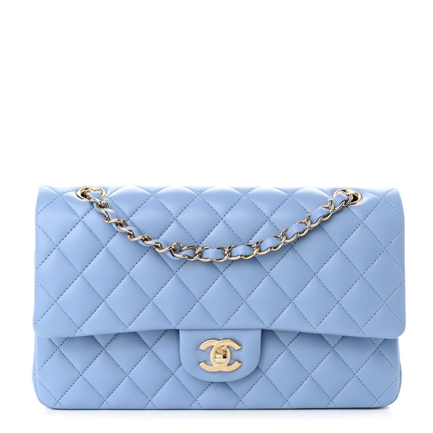 Lambskin Quilted Medium Double Flap Light Blue