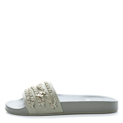 Chanel Canvas Chain Flat Sandals 39 Khaki 1 of 9